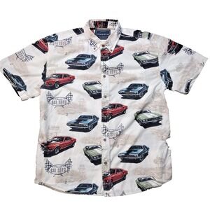Y2K North River Shirt Mens L White VTG Retro Classic Car All Over Print  Dad